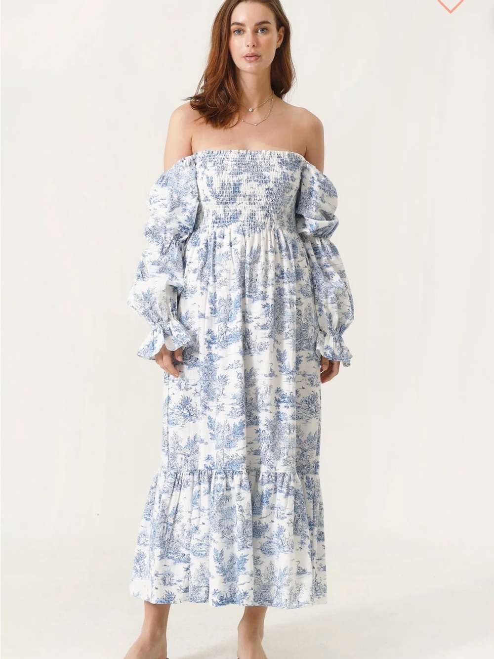 Nothing Fits But Off-Shoulder Smocked Maxi Dress in Blue Toile